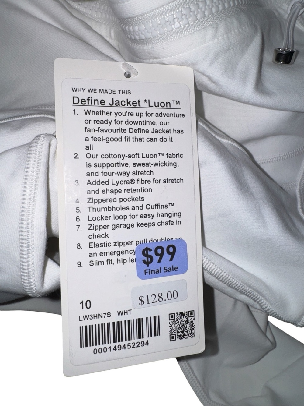 Lululemon Define Jacket Luon White Size 10 NWT Full Zip Athleisure - Picture 9 of 9